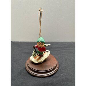 Hallmark 1980 Solid Walnut Base Ornament Display Stand With Vintage Skiing Figur